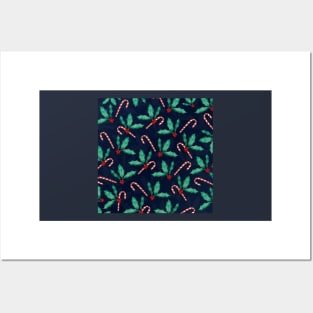 Blue Green Holly Leaves Red Berries Candy Cane Paint Posters and Art